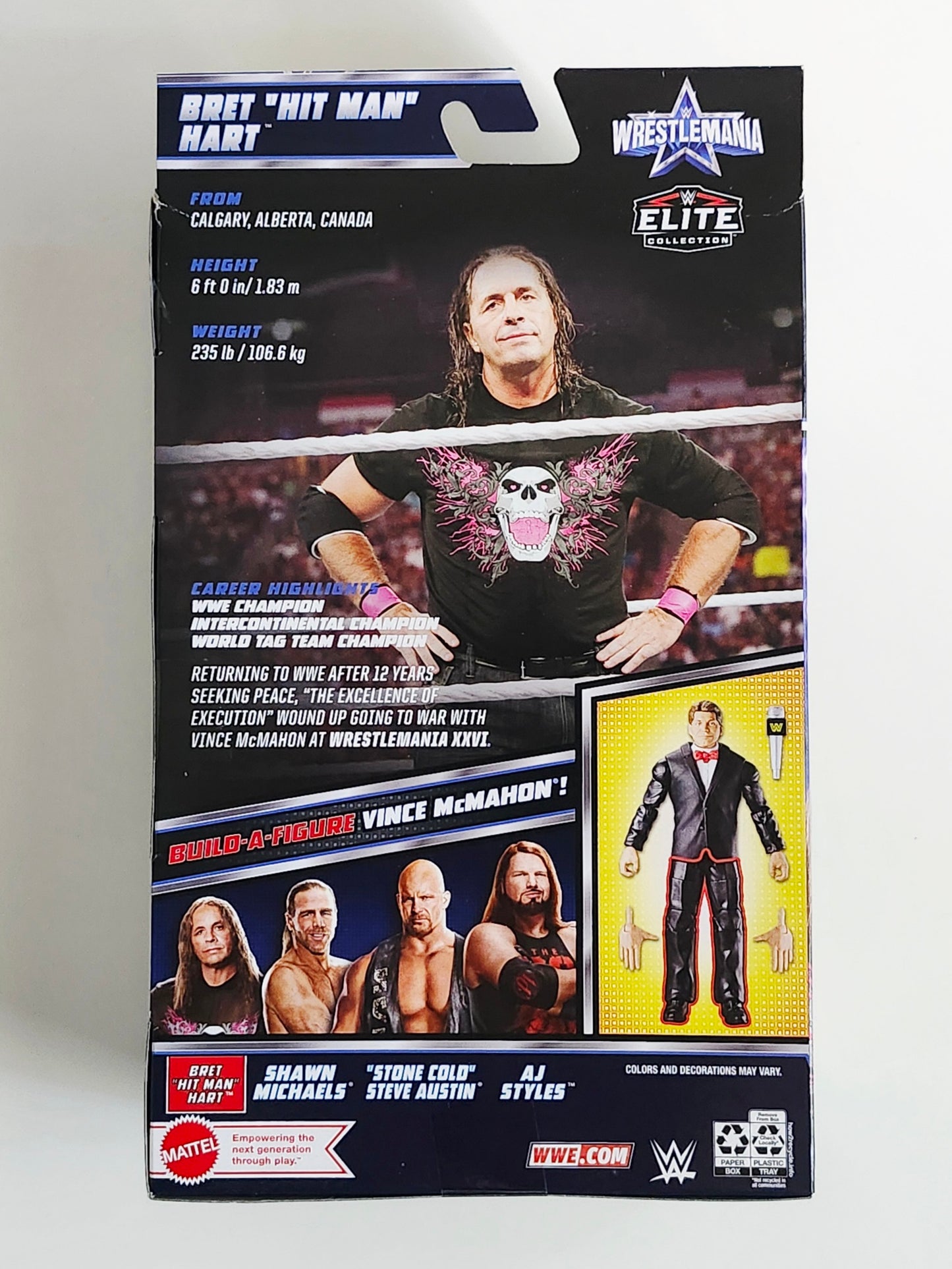 WWE Elite Wrestlemania Bret "Hit Man" Hart Action Figure and Vince McMahon Build-A-Figure Pieces, Not Mint